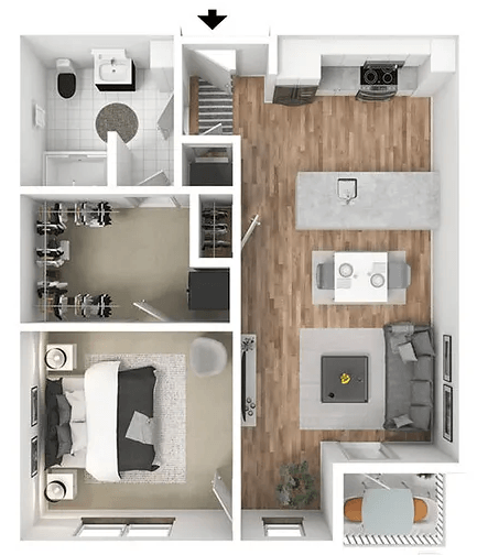 Floor plan for 1 bed, 1 bath, 755 sqft